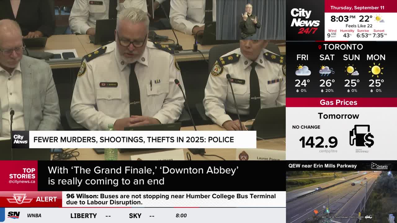Two uniformed officers, one with a name tag, speak at a table in front of a CityNews Toronto banner. A weather report and gas prices are displayed on the right side of the screen.
