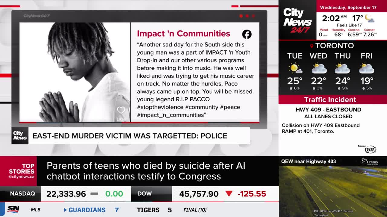 A CityNews Toronto graphic displays a black-and-white photo of a young man with his hands clasped in prayer. Text on the screen reports on an east-end murder victim and a traffic incident on Highway 409.
