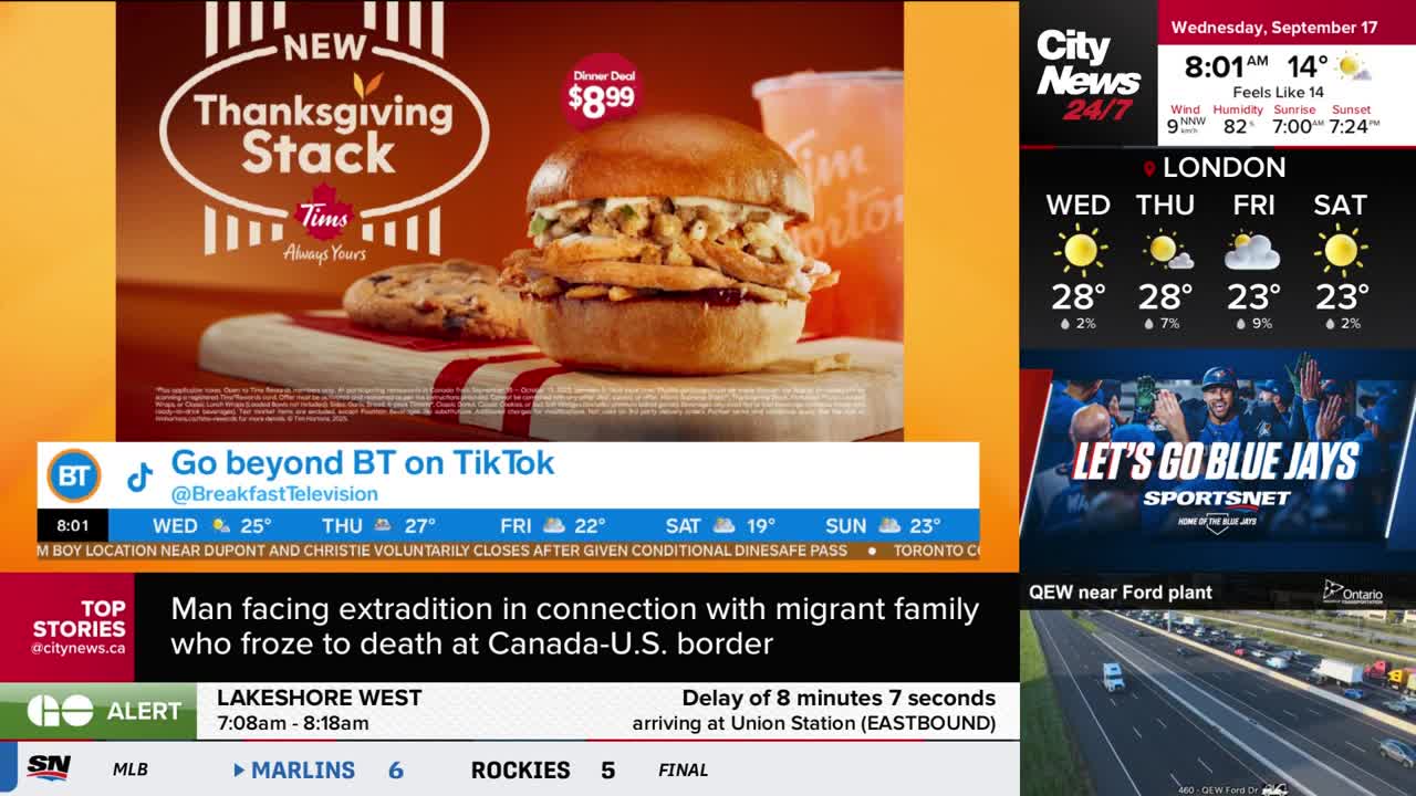 A Tim Hortons Thanksgiving Stack sandwich is front and center, above a "Breakfast Television" TikTok promotion. CityNews Toronto's weather report for London is displayed, along with a story about a man facing extradition.
