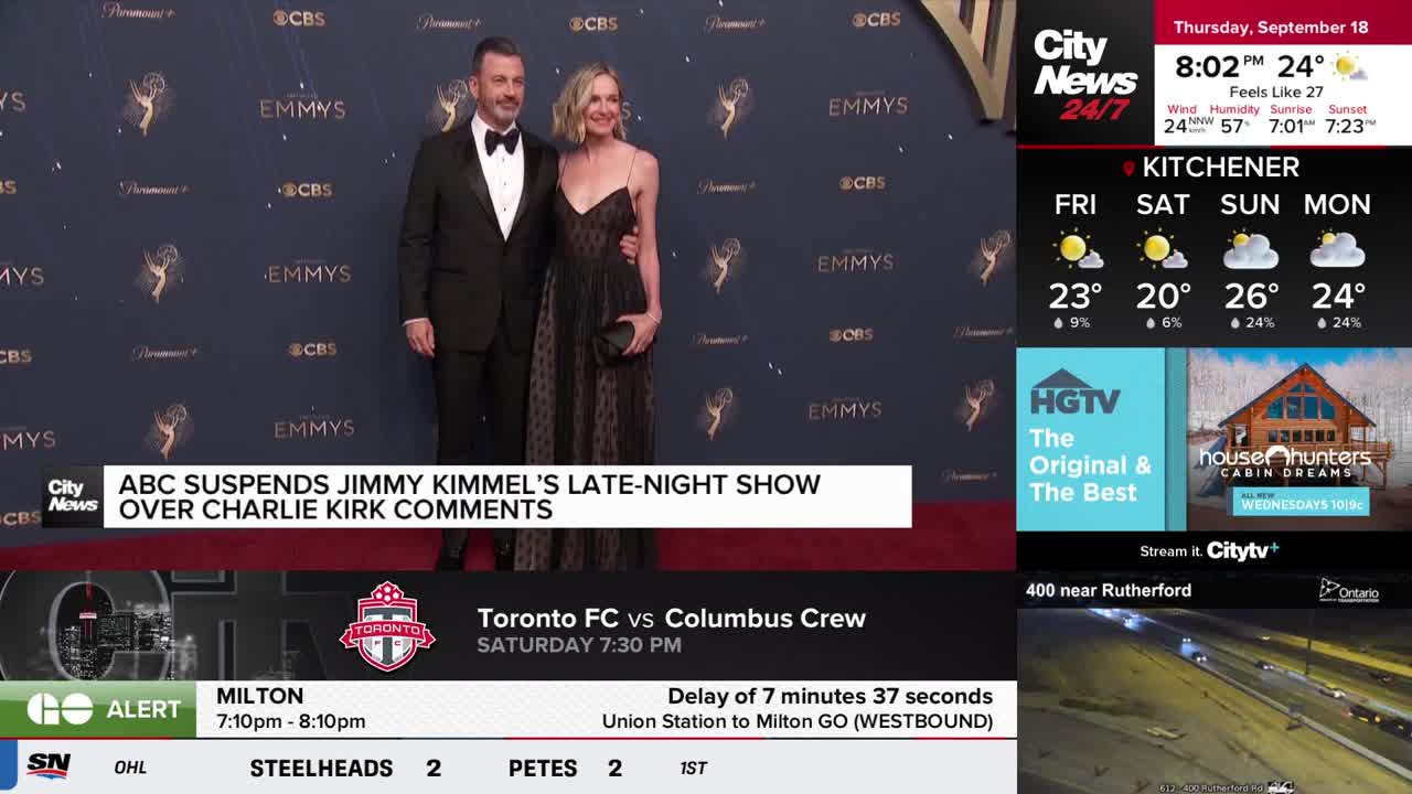 A man in a tuxedo and a woman in a black dress stand together on a red carpet, the "EMMYS" logo visible behind them. CityNews Toronto is reporting on Jimmy Kimmel's show being suspended.
