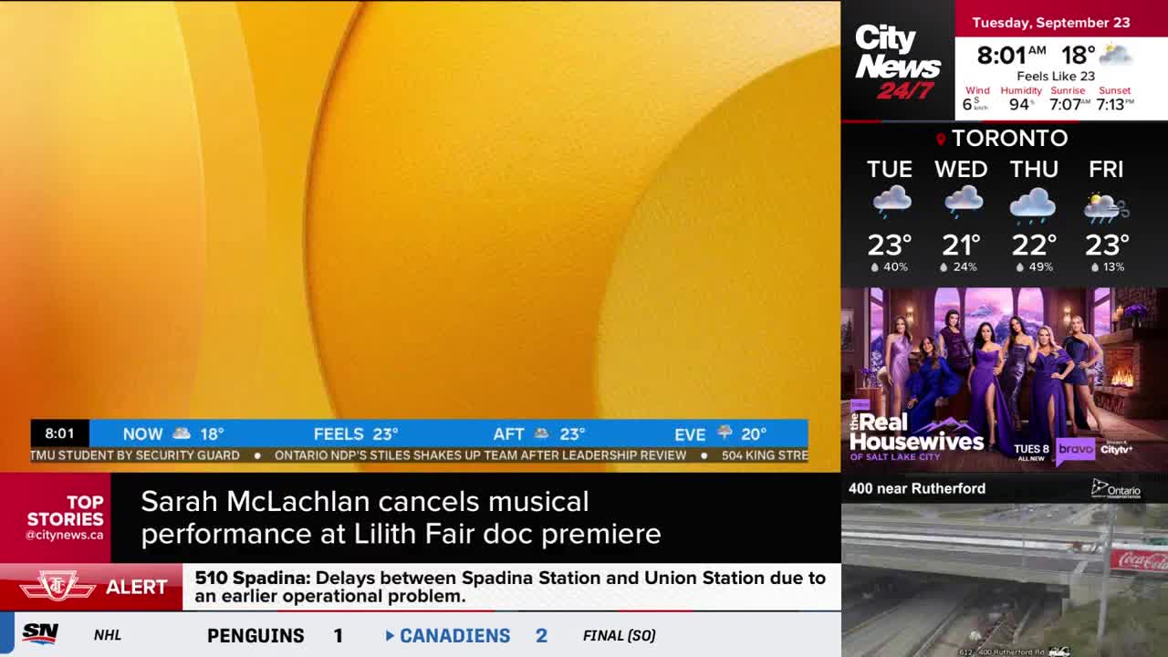 The CityNews Toronto broadcast is on, showing a bright yellow background. Below, the news ticker scrolls headlines, including a story about Sarah McLachlan.
