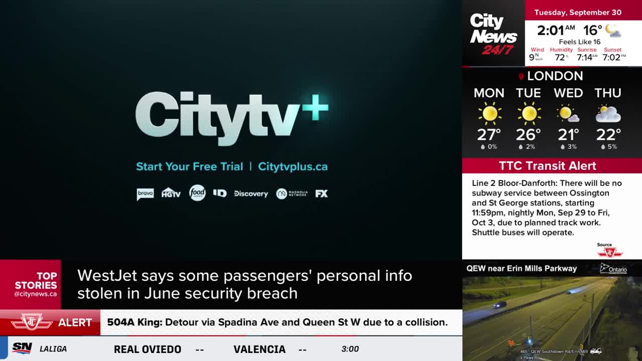 The Citytv+ logo dominates the screen, with a dark background. CityNews Toronto's weather report for London and a TTC transit alert are displayed on the right.
