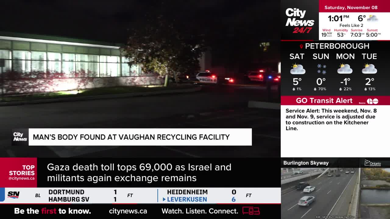 Police cruisers with flashing lights are parked outside a building at night. A CityNews Toronto graphic reports a man's body was found at a Vaughan recycling facility.
