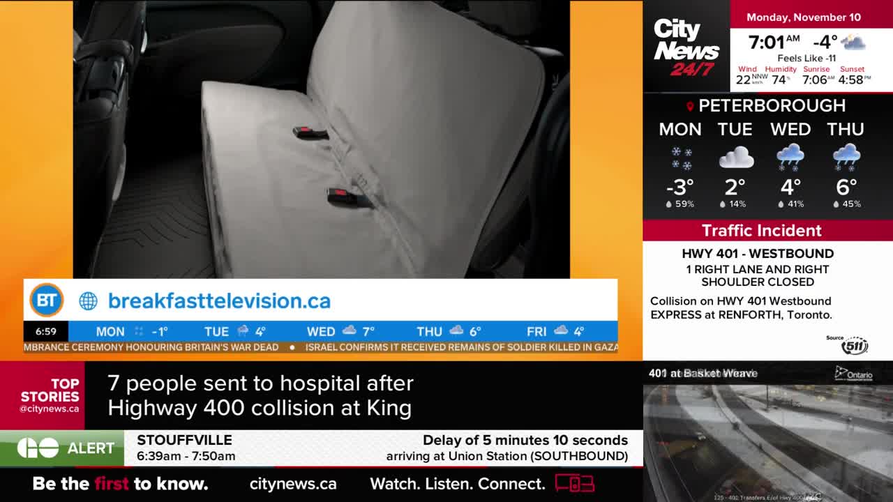 A light-colored car seat is shown, with two seatbelts buckled. The CityNews Toronto graphic displays a traffic incident on the 401 Westbound.
