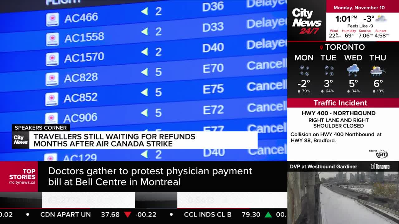 Flight statuses scroll on a blue screen, with many Air Canada flights marked as delayed or canceled. CityNews Toronto is reporting on travelers still waiting for refunds after an Air Canada strike.
