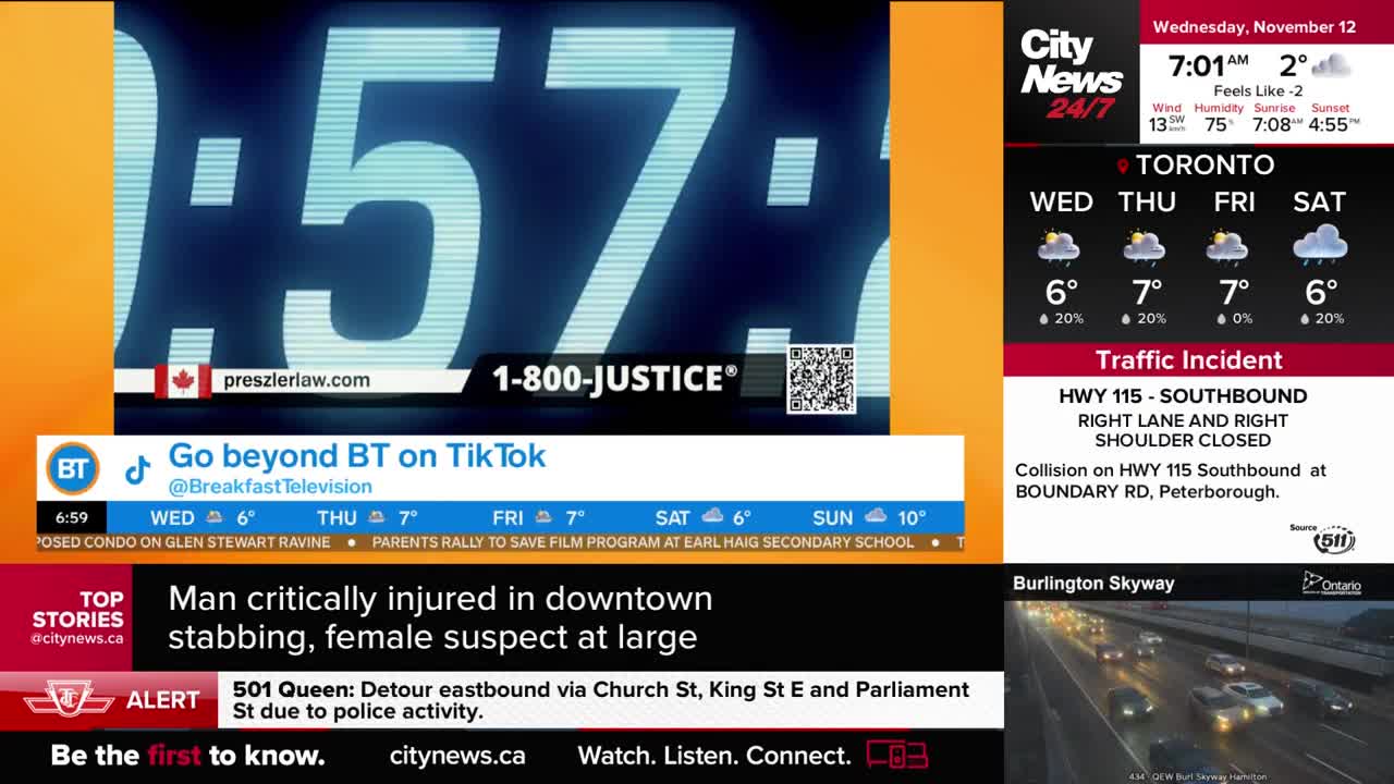 The CityNews Toronto screen displays a weather forecast and traffic alerts, including a collision on Highway 115.  Below, headlines report on a downtown stabbing and a detour on Queen Street.
