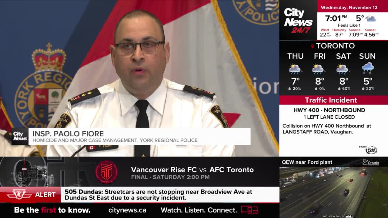 Inspector Paolo Fiore of York Regional Police is speaking, his words broadcast live on CityNews Toronto. A ticker at the bottom of the screen alerts viewers to a streetcar disruption on Dundas Street East.
