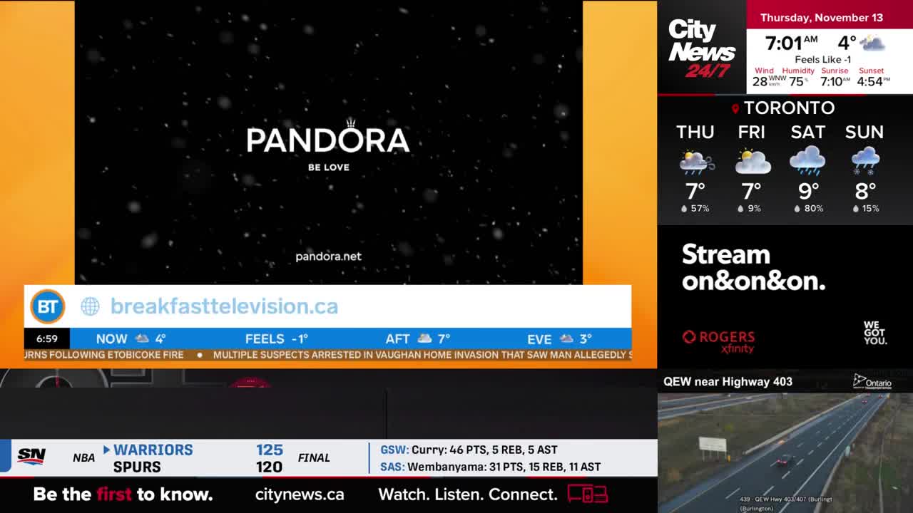 The CityNews Toronto weather forecast for Thursday, November 13, is displayed beside a Pandora advertisement. Below, the Breakfast Television logo sits above a news ticker.
