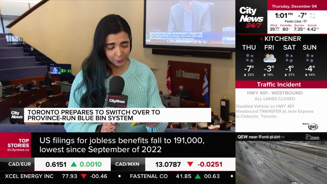 A CityNews Toronto reporter, holding a microphone, speaks directly to the camera in front of a backdrop showing a council chamber. The screen behind her displays a meeting in progress, while a ticker announces news about Toronto's blue bin system.
A CityNews Toronto reporter, holding a microphone, speaks directly to the camera in front of a backdrop showing a council chamber. The screen behind her displays a meeting in progress, while a ticker announces news about Toronto's blue bin system.