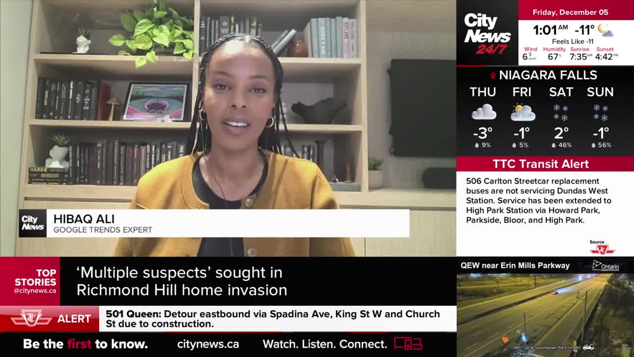 Hibaq Ali, a Google Trends Expert for CityNews Toronto, is speaking directly to the camera. Behind her, a shelf holds books and a framed picture, with a news ticker and weather information displayed on the screen.
