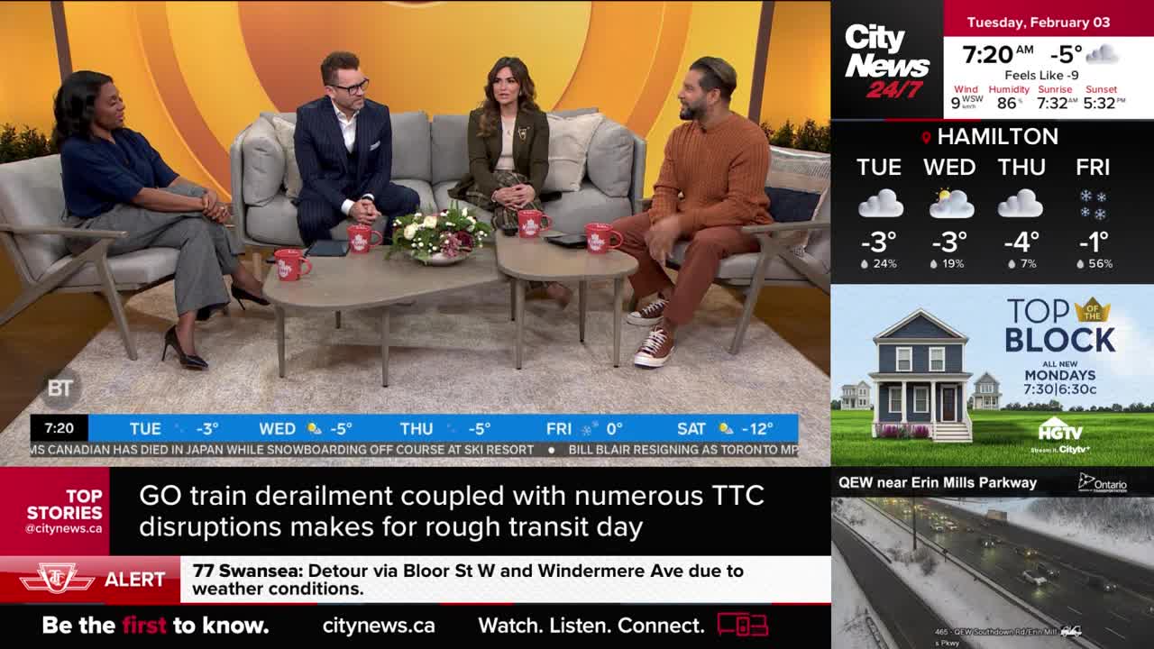 The four people on the couch are listening intently. A news ticker at the bottom of the screen reports a GO train derailment causing TTC disruptions.