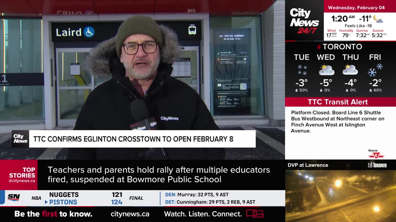A reporter stands outside the Laird station, speaking into a CityNews microphone. The TTC has confirmed the Eglinton Crosstown will open on February 8th.