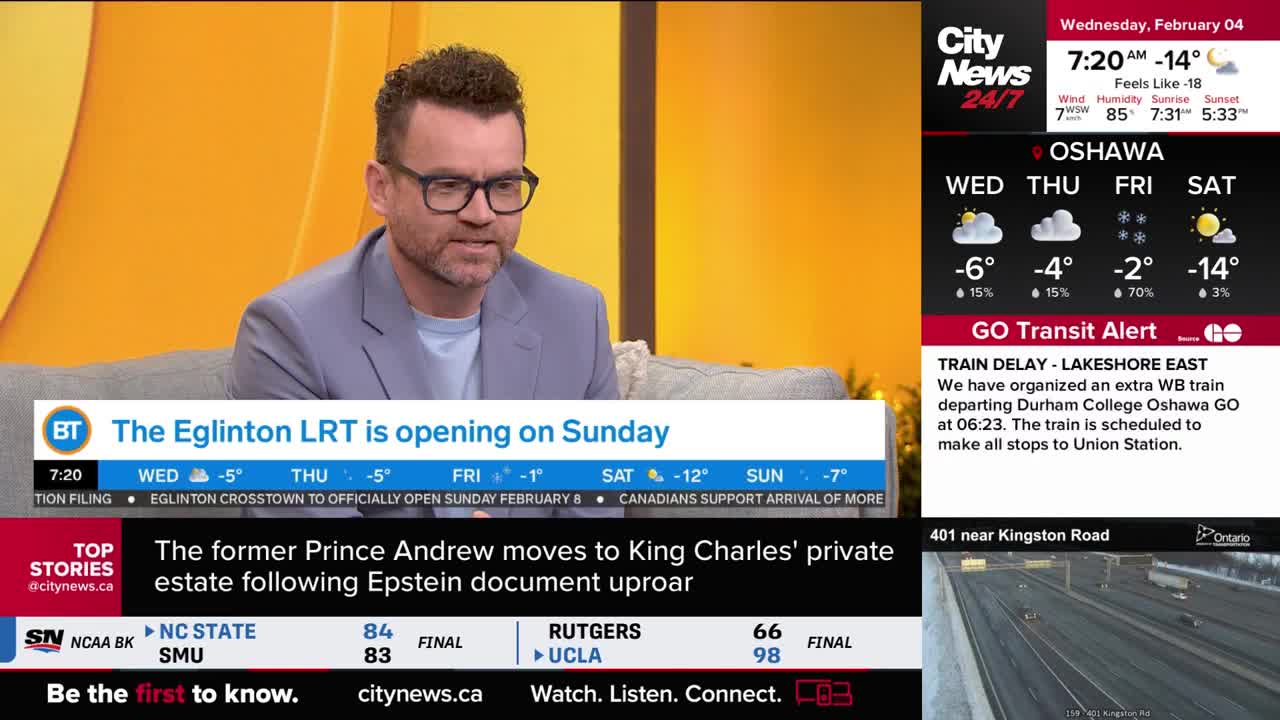 A man with glasses is speaking on a television screen, with a graphic announcing the Eglinton LRT opening on Sunday. Below that, a news ticker reports on Prince Andrew's estate.