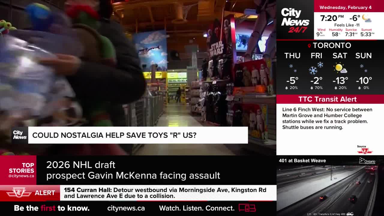 A person rushes past, carrying a large plastic bag filled with toys. The aisle behind them is lined with shelves of merchandise, including Star Wars figures.