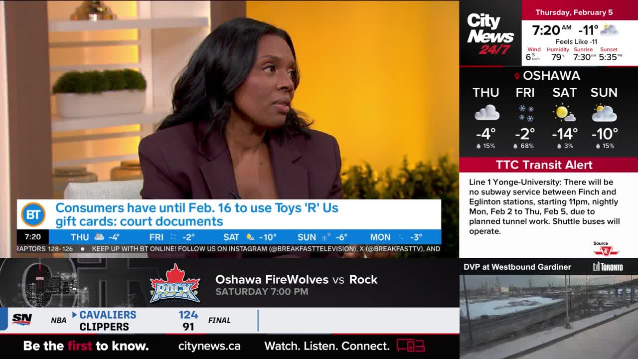 A woman in a dark blazer speaks on a television set, her expression thoughtful. Below her, a CityNews ticker reports on consumer gift cards and upcoming TTC service disruptions.