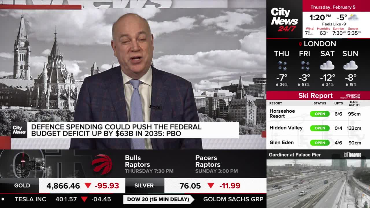 A man in a suit speaks in front of a backdrop of Canadian Parliament buildings. A graphic below him states "DEFENCE SPENDING COULD PUSH THE FEDERAL BUDGET DEFICIT UP BY $63B IN 2035: PBO."