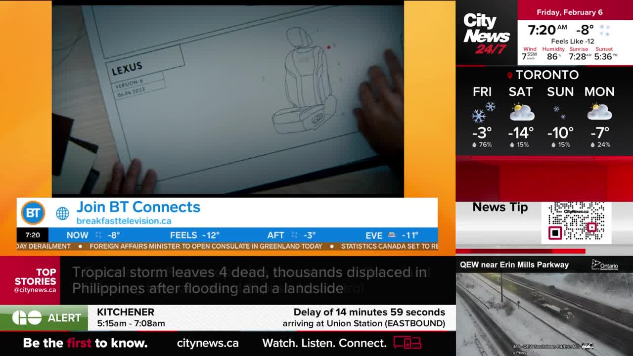 A hand points to a detailed Lexus seat diagram on a white sheet of paper. The CityNews Toronto weather forecast shows frigid temperatures for Friday and the weekend.