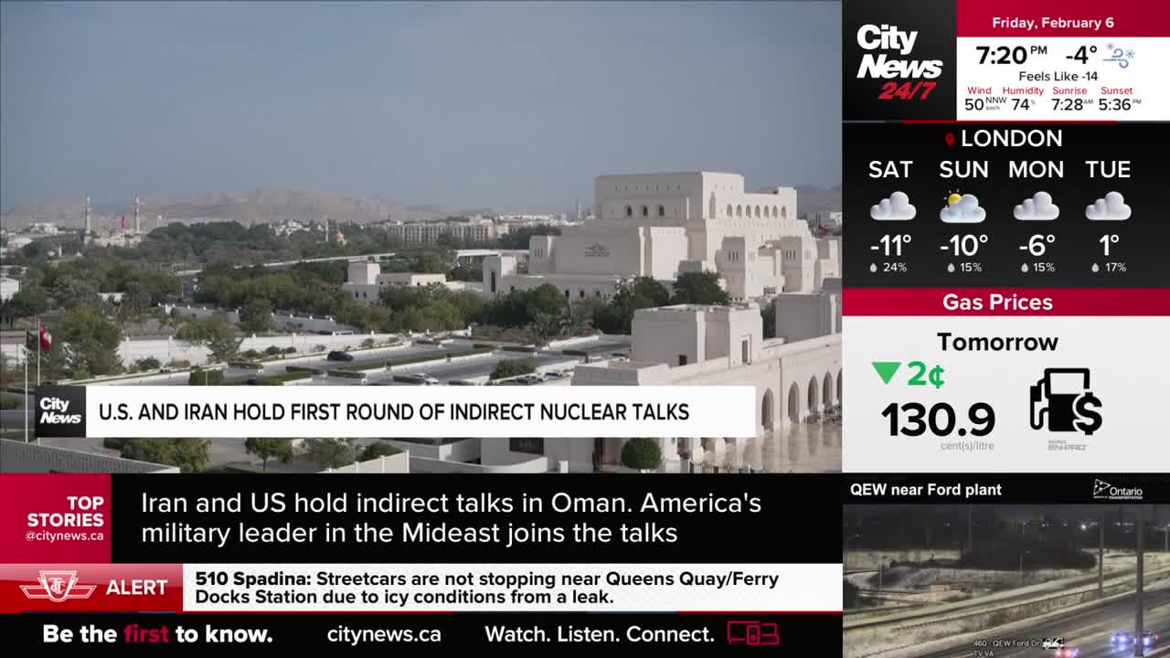 Streetcars are stopped near Queens Quay/Ferry Docks Station because of icy conditions and a leak. The CityNews Toronto broadcast is showing a report on U.S. and Iran nuclear talks.