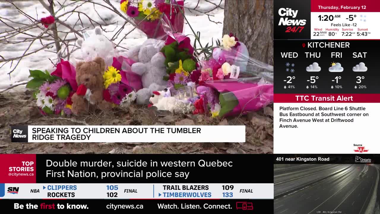A collection of stuffed animals and bouquets of flowers rests on the ground. A CityNews Toronto graphic overlays the scene, indicating a discussion about the "Tumbler Ridge Tragedy."