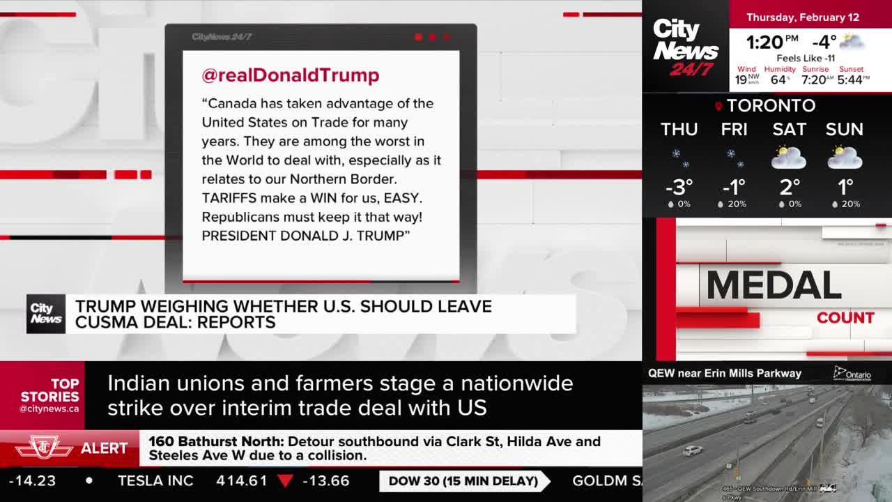 A tweet from @realDonaldTrump about Canada's trade advantage scrolls by, followed by a headline about the U.S. weighing leaving the CUSMA deal. Below that, a banner announces Indian unions and farmers are staging a nationwide strike over an interim trade deal with the U.S.