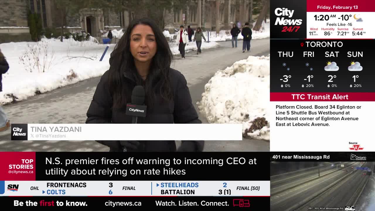 A reporter stands in front of a snow-covered path, speaking into a microphone. Several people walk in the background, their figures partially obscured by the wintery conditions.