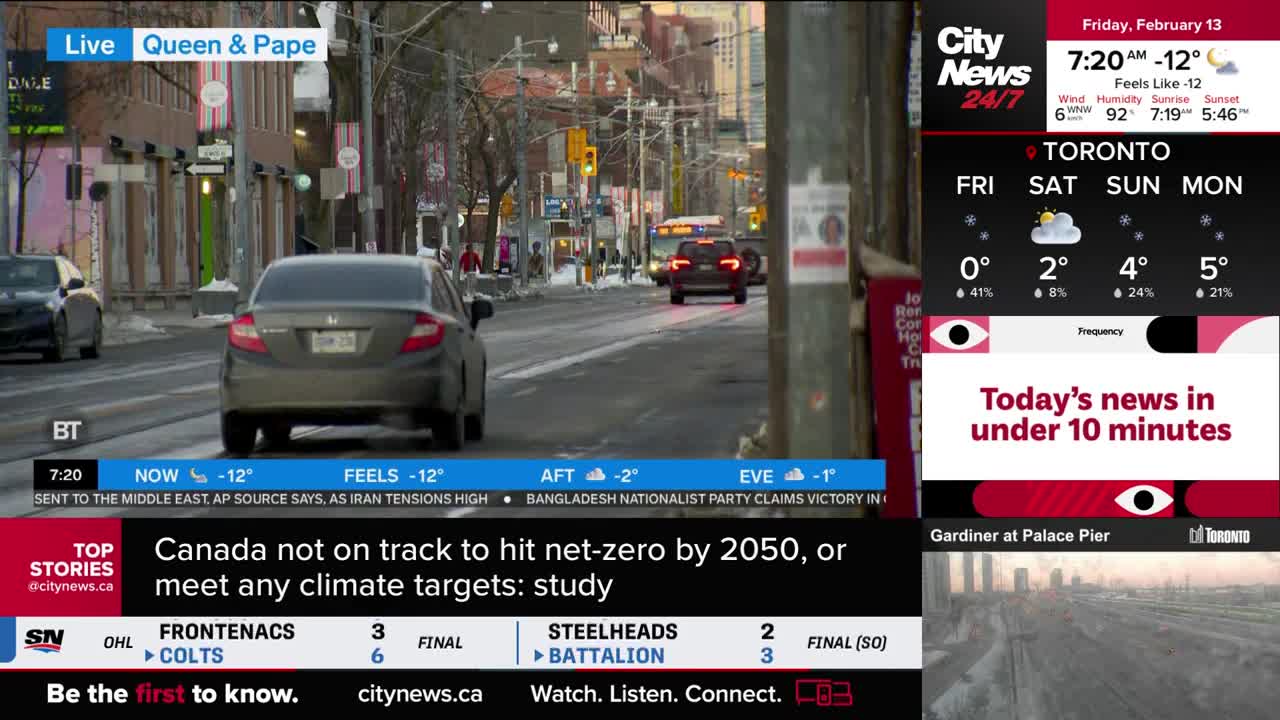 Cars are driving down a snowy Queen Street East in Toronto. A bus is visible further down the road.