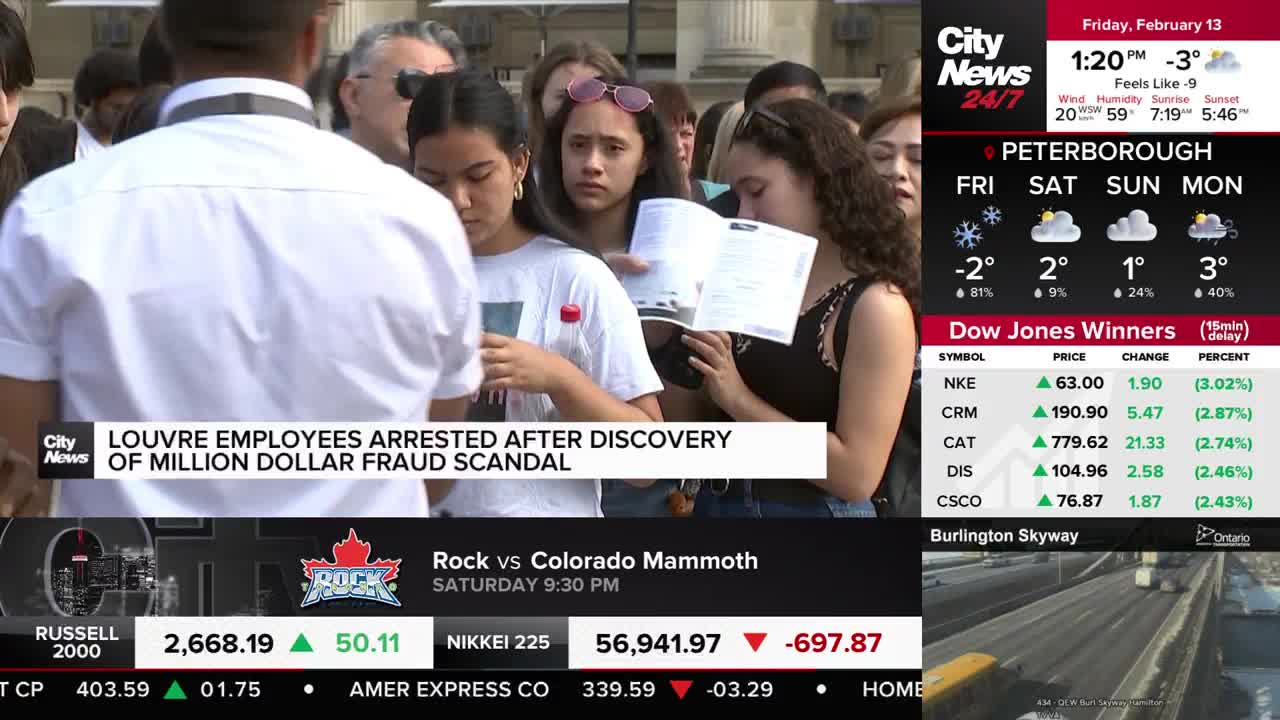 A crowd of young people stands, some looking down at papers. A news ticker at the bottom of the screen reports on a fraud scandal involving Louvre employees.
