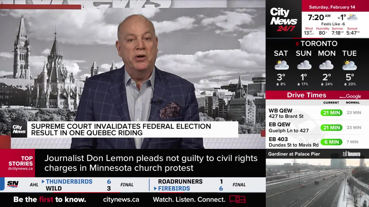 A man in a suit speaks directly to the camera, with a backdrop of Parliament buildings. Below him, a news ticker scrolls, announcing a Supreme Court decision invalidating an election result in Quebec.