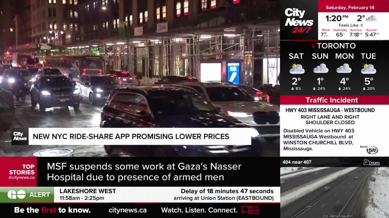 Cars are stopped on a busy street, their headlights cutting through the night. A CityNews Toronto report flashes across the screen about a traffic incident on Highway 403 in Mississauga.