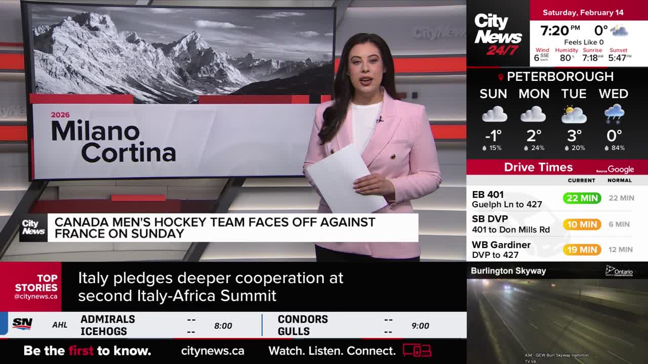 A woman in a pink blazer stands holding papers, with a graphic behind her announcing "2026 Milano Cortina" and "Canada Men's Hockey Team Faces Off Against France on Sunday." To the right, a CityNews Toronto broadcast displays weather forecasts and current drive times for the GTA.