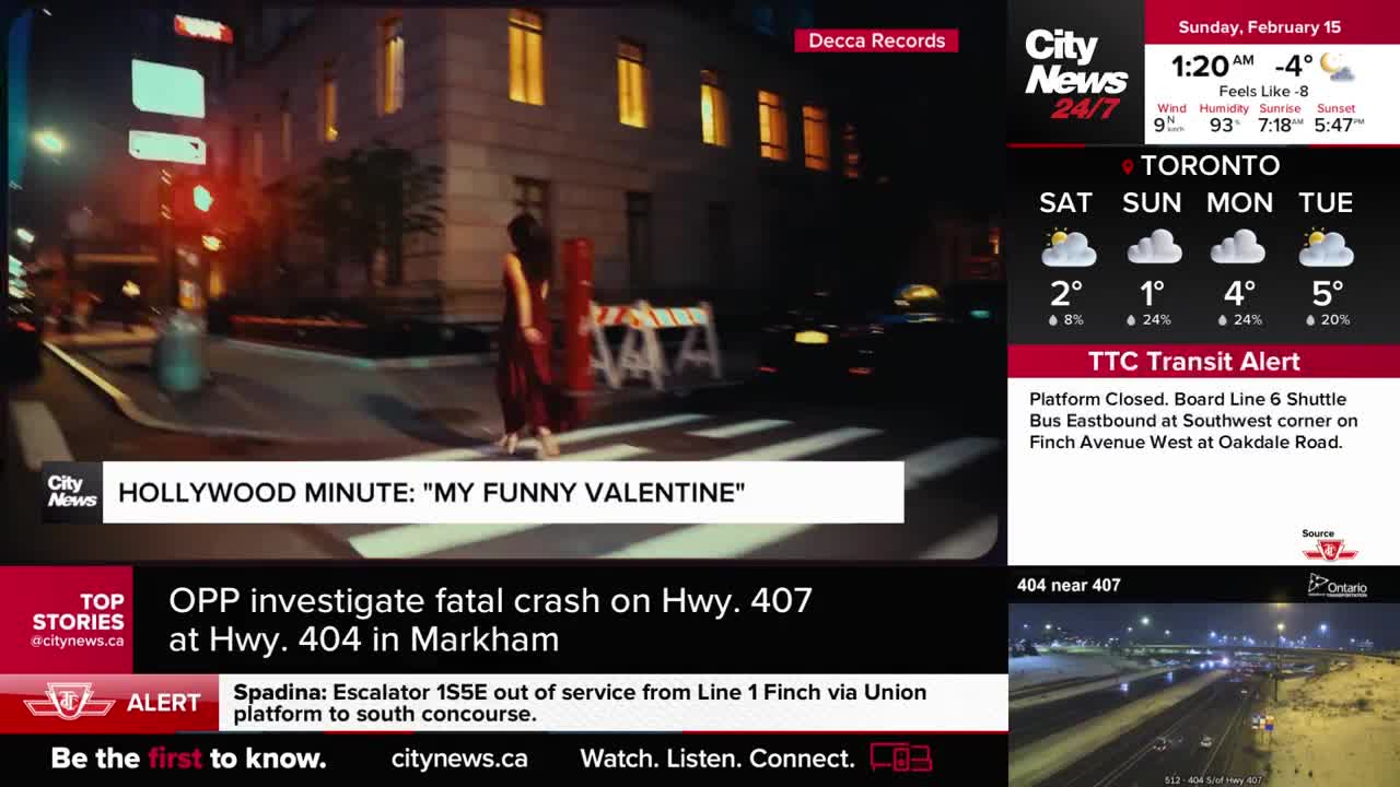 A woman in a long red dress walks across a crosswalk at night. A CityNews Toronto broadcast displays weather forecasts and traffic alerts for the GTA.
