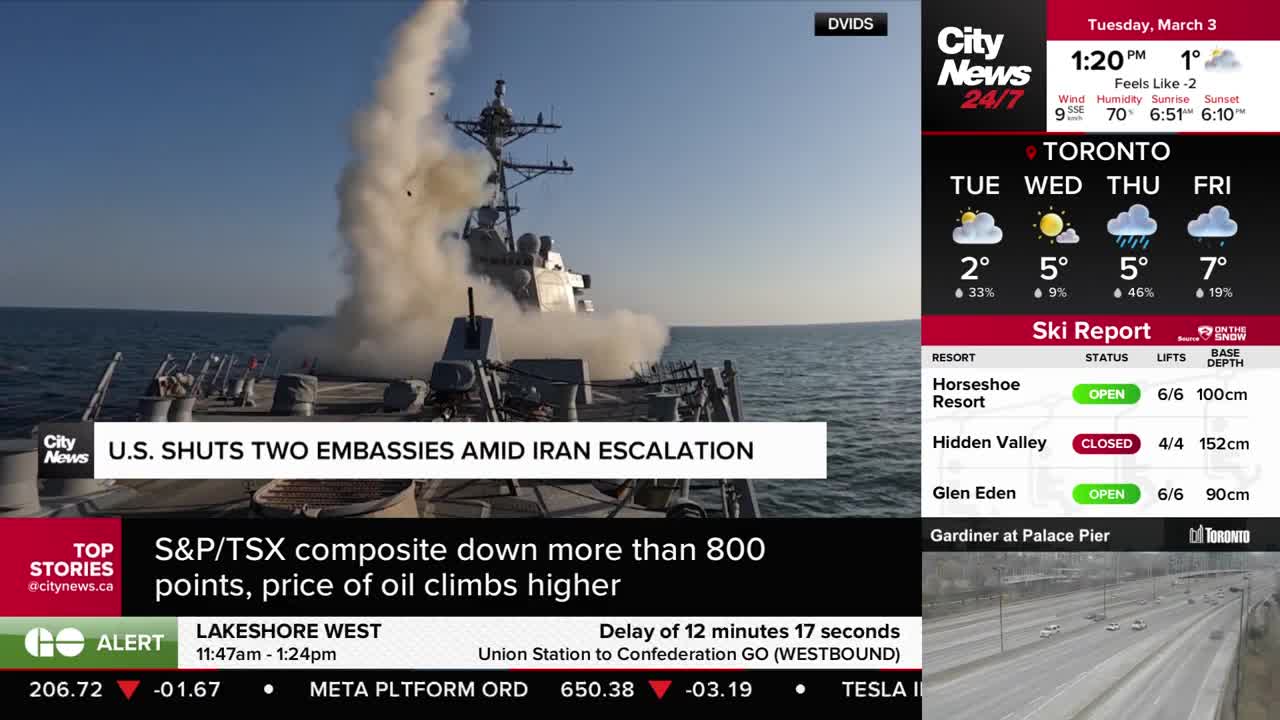 A missile erupts from a naval ship, trailing thick white smoke against a clear sky. On the screen, CityNews Toronto reports on U.S. embassy closures amid rising tensions.