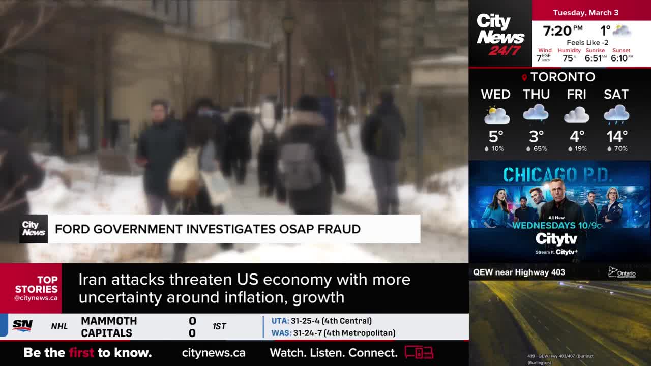 People walk along a snowy path in Toronto, bundled in winter coats. A news ticker at the bottom of the screen reports on the Ford government investigating OSAP fraud.