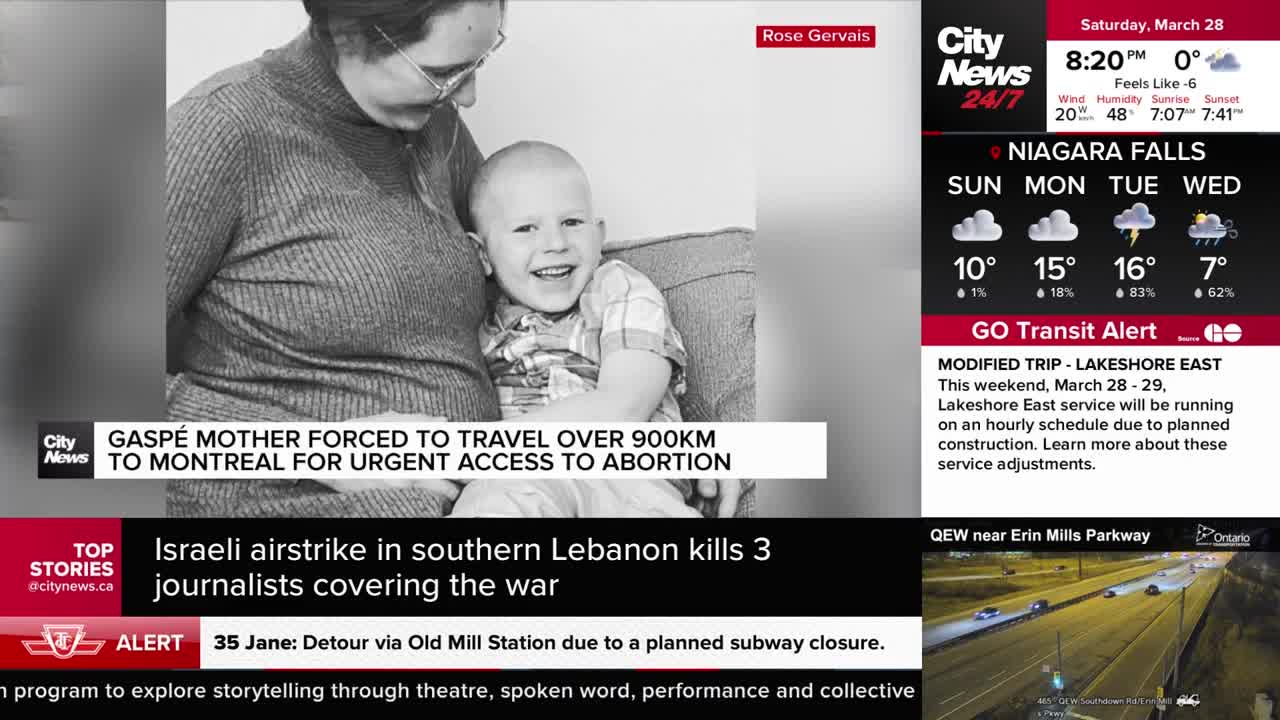 A woman holds a smiling child. A headline states a mother was forced to travel over 900km to Montreal for urgent access to abortion.