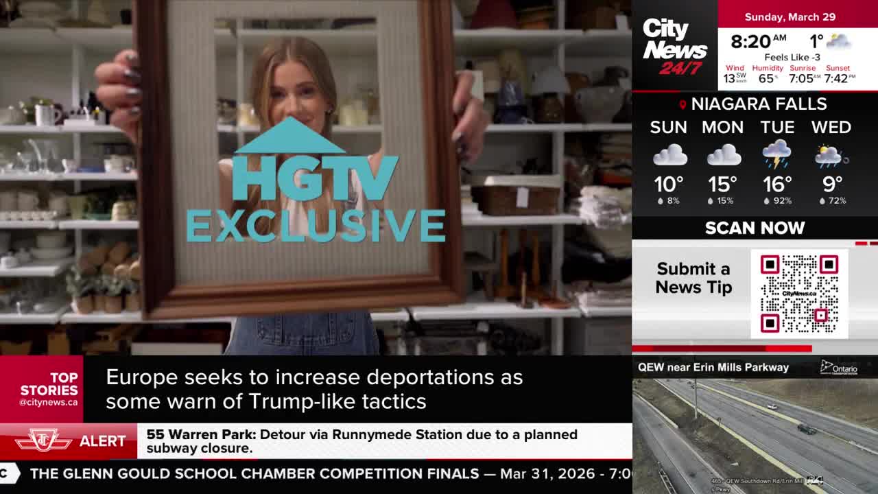 A woman in denim overalls holds up a framed picture, revealing an "HGTV Exclusive" logo. Below, a CityNews Toronto chyron announces a detour on the QEW near Erin Mills Parkway.