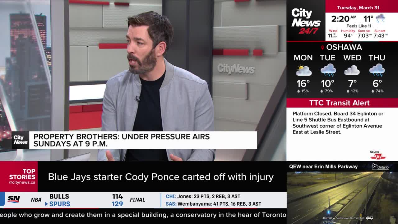 The Blue Jays' Cody Ponce is being taken off the field with an injury. A TTC alert warns of a platform closure and rerouting for the 34 Eglinton and Line 5 shuttle bus.