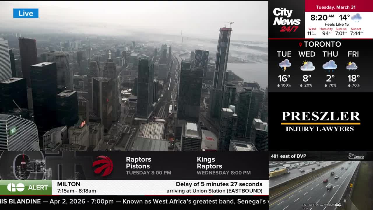 Rain slicks the highway below as cars and trucks make their way east of the Don Valley Parkway. The CityNews Toronto skyline stretches out under a grey, overcast sky.