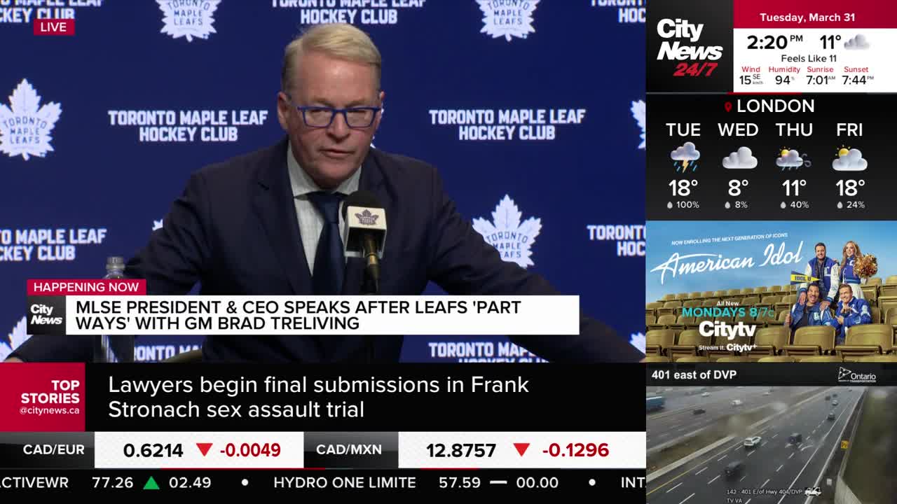 The MLSE President and CEO is speaking at a press conference. He's addressing the recent "parting ways" with GM Brad Treliving.