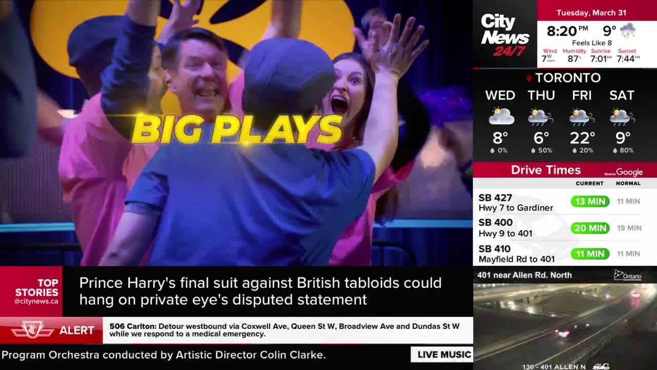 A group of people are cheering, hands raised, with "BIG PLAYS" emblazoned across the screen. On the right, the CityNews Toronto forecast shows cloudy skies and a high of 8 degrees for Wednesday.