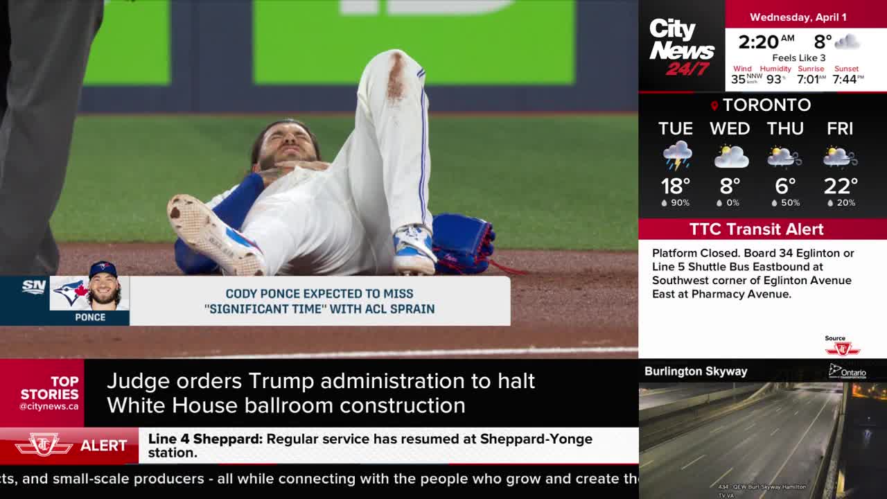 A baseball player lies on the ground, his legs bent awkwardly, with a blue glove near his feet. A CityNews Toronto overlay indicates he's expected to miss significant time with an ACL sprain.