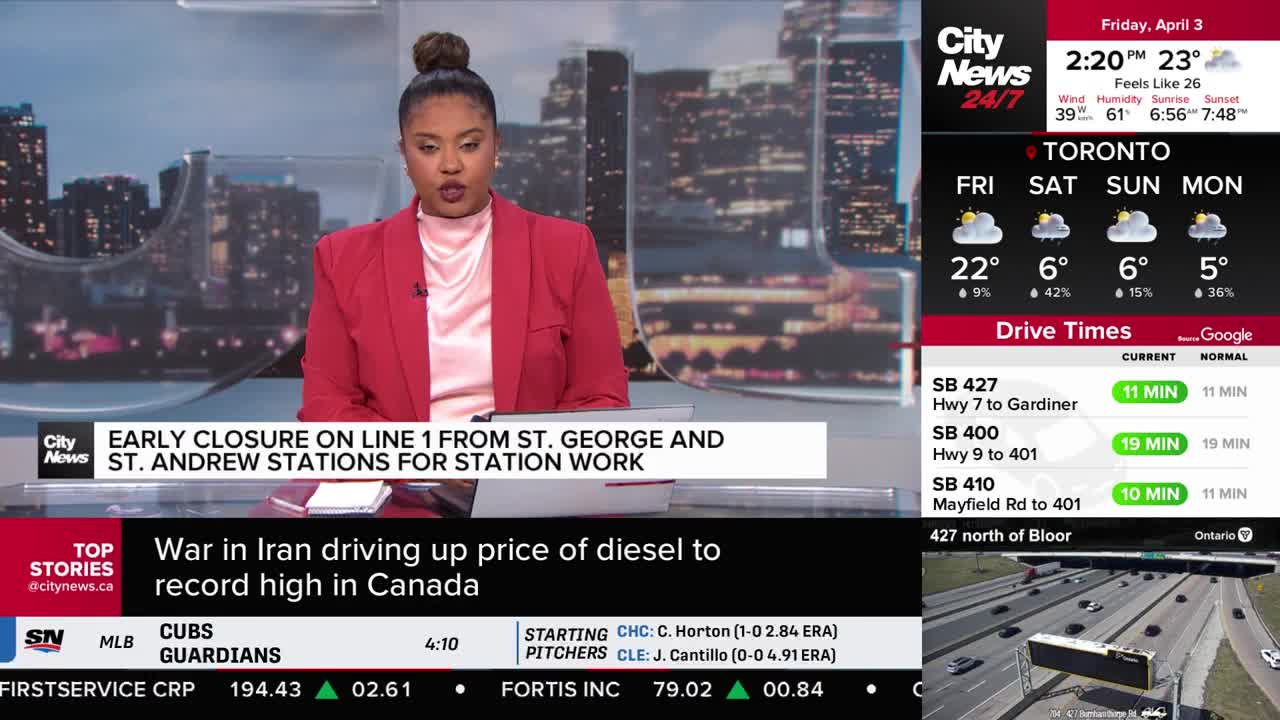 A news anchor in a bright pink blazer reports on early Line 1 subway closures in Toronto. Below her, a headline states that war in Iran is driving up diesel prices across Canada.
