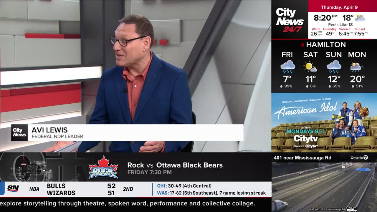 Avi Lewis, Federal NDP Leader, is speaking on City News. A traffic camera shows cars moving along Highway 401 near Mississauga Road.