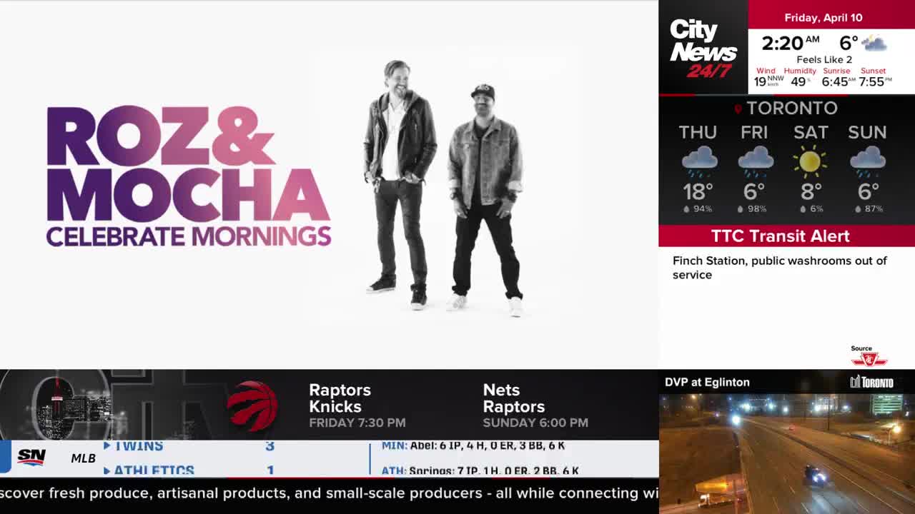 A screen displays a graphic for "Roz & Mocha Celebrate Mornings" next to a CityNews Toronto broadcast with weather and transit updates. Below, a sports ticker shows upcoming Raptors games and a live traffic camera feed from the Don Valley Parkway at Eglinton.