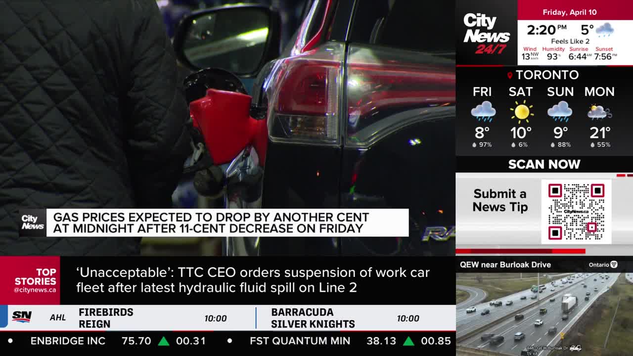 A red gas pump nozzle is inserted into the fuel tank of a dark SUV. The CityNews Toronto screen beside it displays a headline about gas prices dropping. A red gas pump nozzle is inserted into the fuel tank of a dark SUV. The CityNews Toronto screen beside it displays a headline about gas prices dropping.