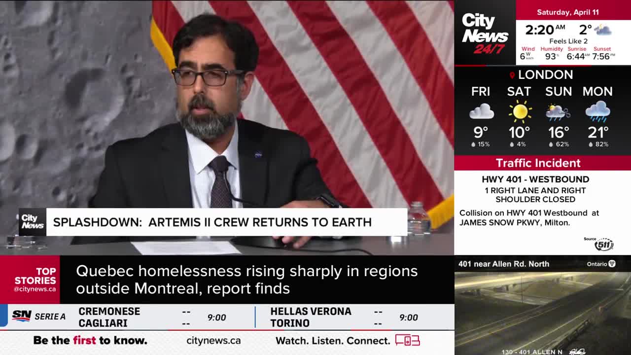 A man in a suit speaks at a podium, with a backdrop of the American flag and a moon surface. CityNews Toronto is broadcasting a report on the Artemis II crew's return to Earth. A man in a suit speaks at a podium, with a backdrop of the American flag and a moon surface. CityNews Toronto is broadcasting a report on the Artemis II crew's return to Earth.