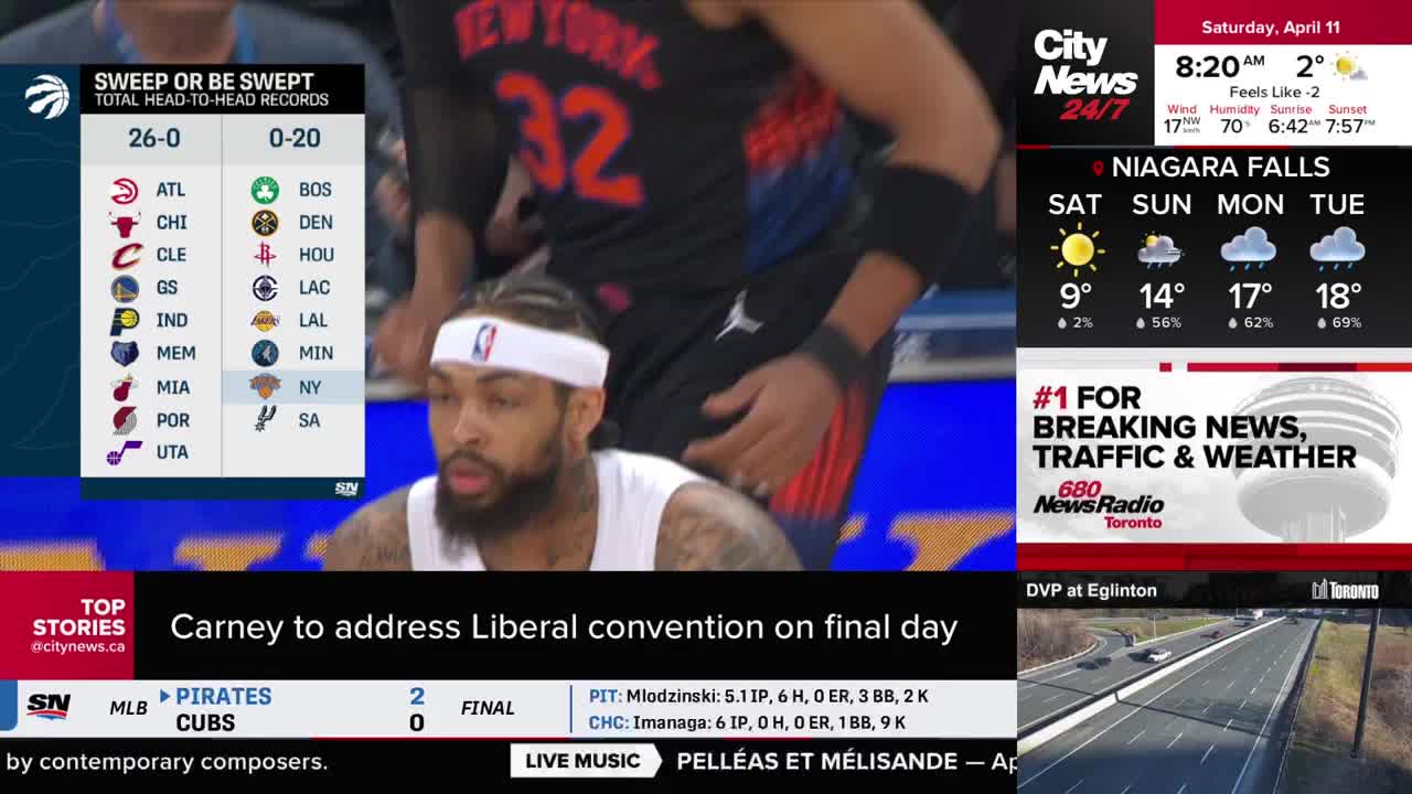 A basketball player with a white headband and a beard is sitting on the bench, looking intently ahead. On the screen, the CityNews Toronto logo is visible, alongside weather forecasts for Niagara Falls and a traffic camera view of the DVP at Eglinton. A basketball player with a white headband and a beard is sitting on the bench, looking intently ahead. On the screen, the CityNews Toronto logo is visible, alongside weather forecasts for Niagara Falls and a traffic camera view of the DVP at Eglinton.