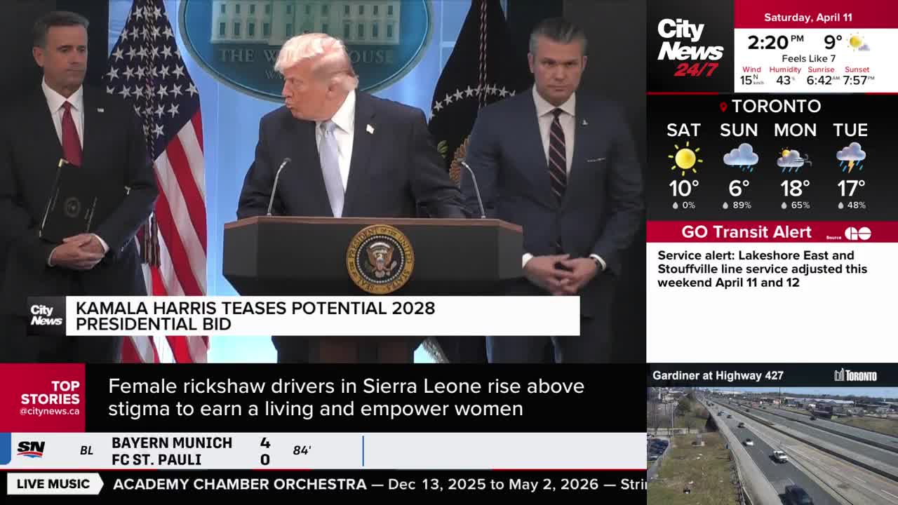 Donald Trump speaks at a podium while two men stand beside him. A CityNews Toronto graphic displays the weather forecast for Saturday, April 11th. Donald Trump speaks at a podium while two men stand beside him. A CityNews Toronto graphic displays the weather forecast for Saturday, April 11th.