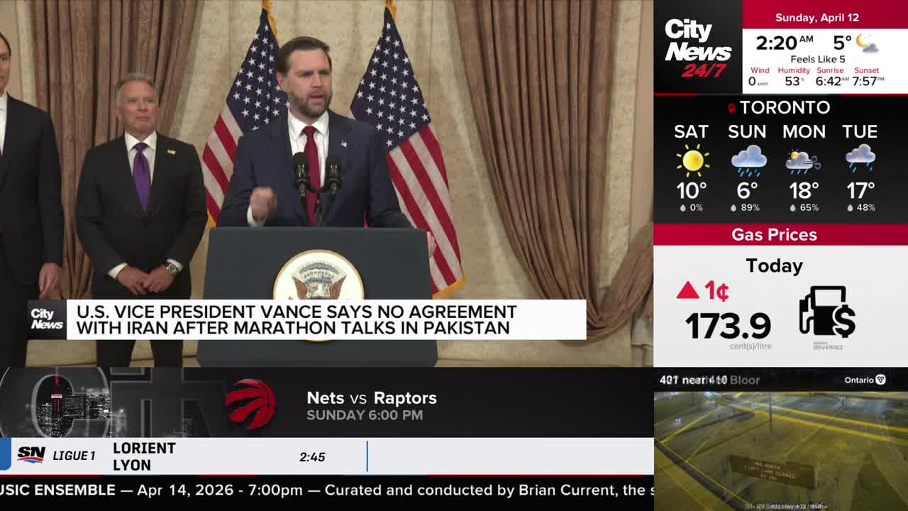 The U.S. Vice President is speaking at a podium, flanked by two other men. A news ticker at the bottom of the screen reads "U.S. VICE PRESIDENT VANCE SAYS NO AGREEMENT WITH IRAN AFTER MARATHON TALKS IN PAKISTAN." The U.S. Vice President is speaking at a podium, flanked by two other men. A news ticker at the bottom of the screen reads "U.S. VICE PRESIDENT VANCE SAYS NO AGREEMENT WITH IRAN AFTER MARATHON TALKS IN PAKISTAN."