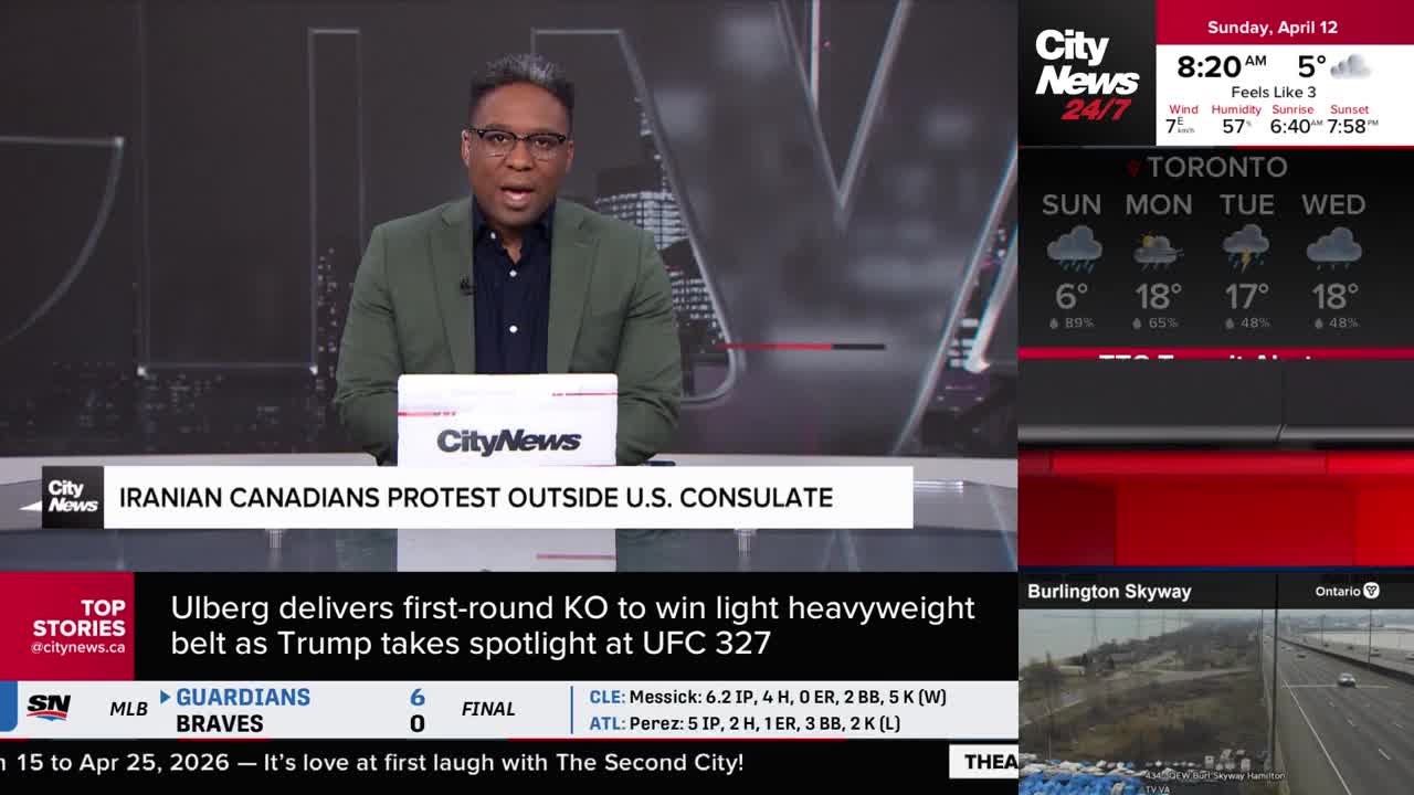 A news anchor in a green jacket is speaking from a studio, with a CityNews graphic behind him. A scrolling ticker at the bottom reports on a UFC fight and other top stories. A news anchor in a green jacket is speaking from a studio, with a CityNews graphic behind him. A scrolling ticker at the bottom reports on a UFC fight and other top stories.