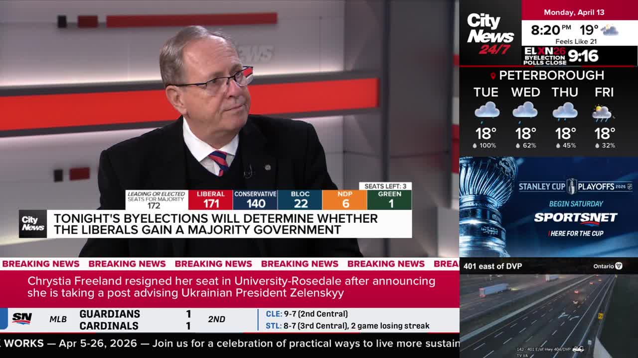 A man in a suit and tie is speaking, with election results displayed behind him. A ticker tape of breaking news scrolls across the bottom of the screen. A man in a suit and tie is speaking, with election results displayed behind him. A ticker tape of breaking news scrolls across the bottom of the screen.